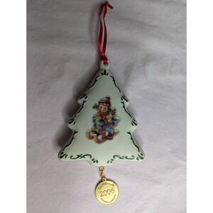 M.J. Hummel 2006 Christmas Tree child on sled Ornament 6" gold trim porcelain